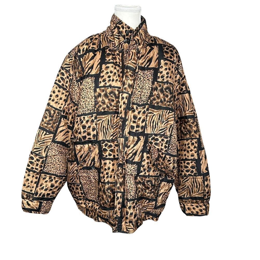 Clio Animal Patchwork Print Puffer Jacket in Tan and Black